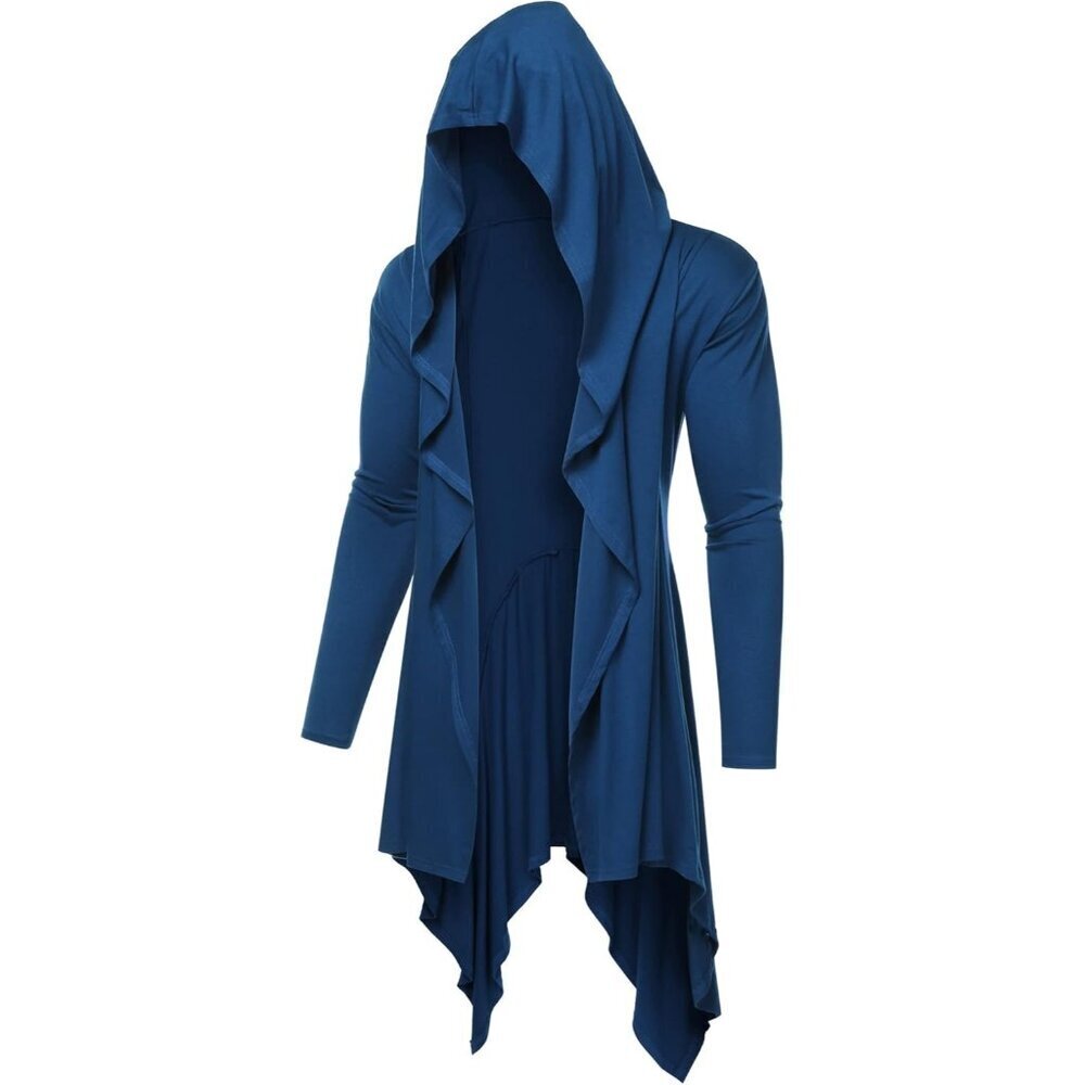 Men's Navy Blue Long Hooded Cardigan Ruffle Shawl Collar Lightweight Overcoat